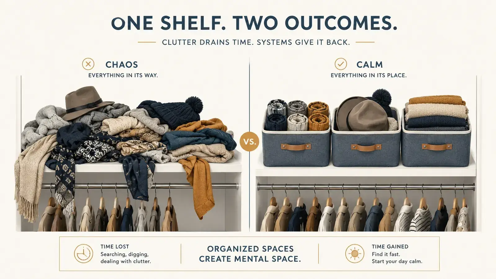 Side-by-side closet shelf: left side chaotic with loose items, right side tidy with storage bins