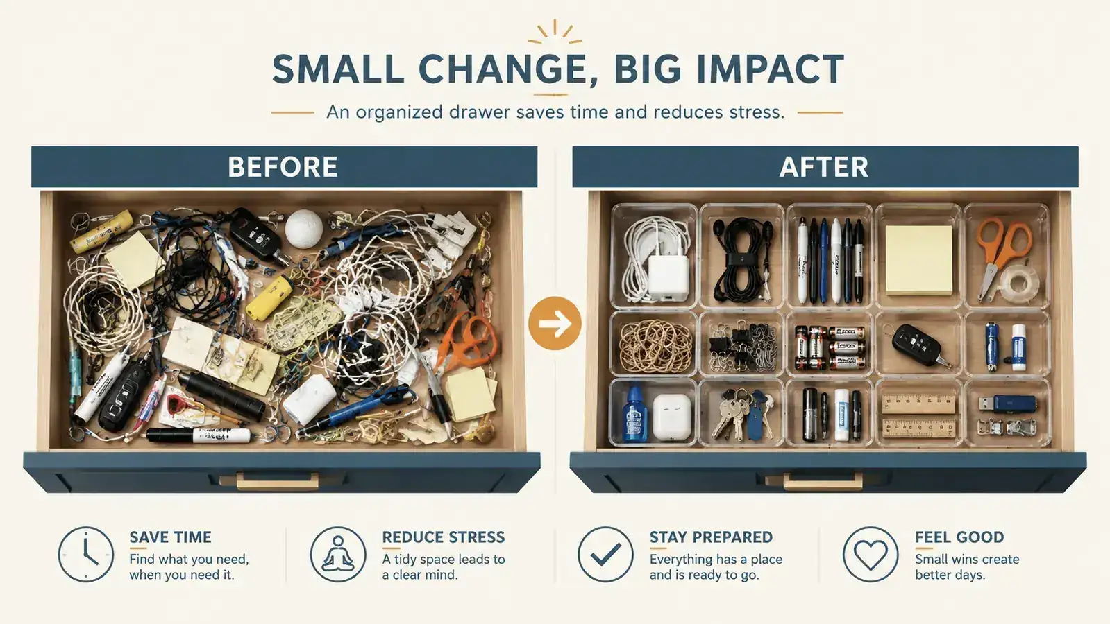Before and after split of a messy junk drawer versus the same drawer neatly organized with clear plastic bins