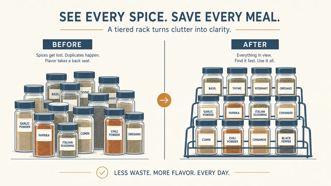 Before and after comparison: left shows chaotic stacked spice jars, right shows the same jars neatly arranged on a three-tier rack