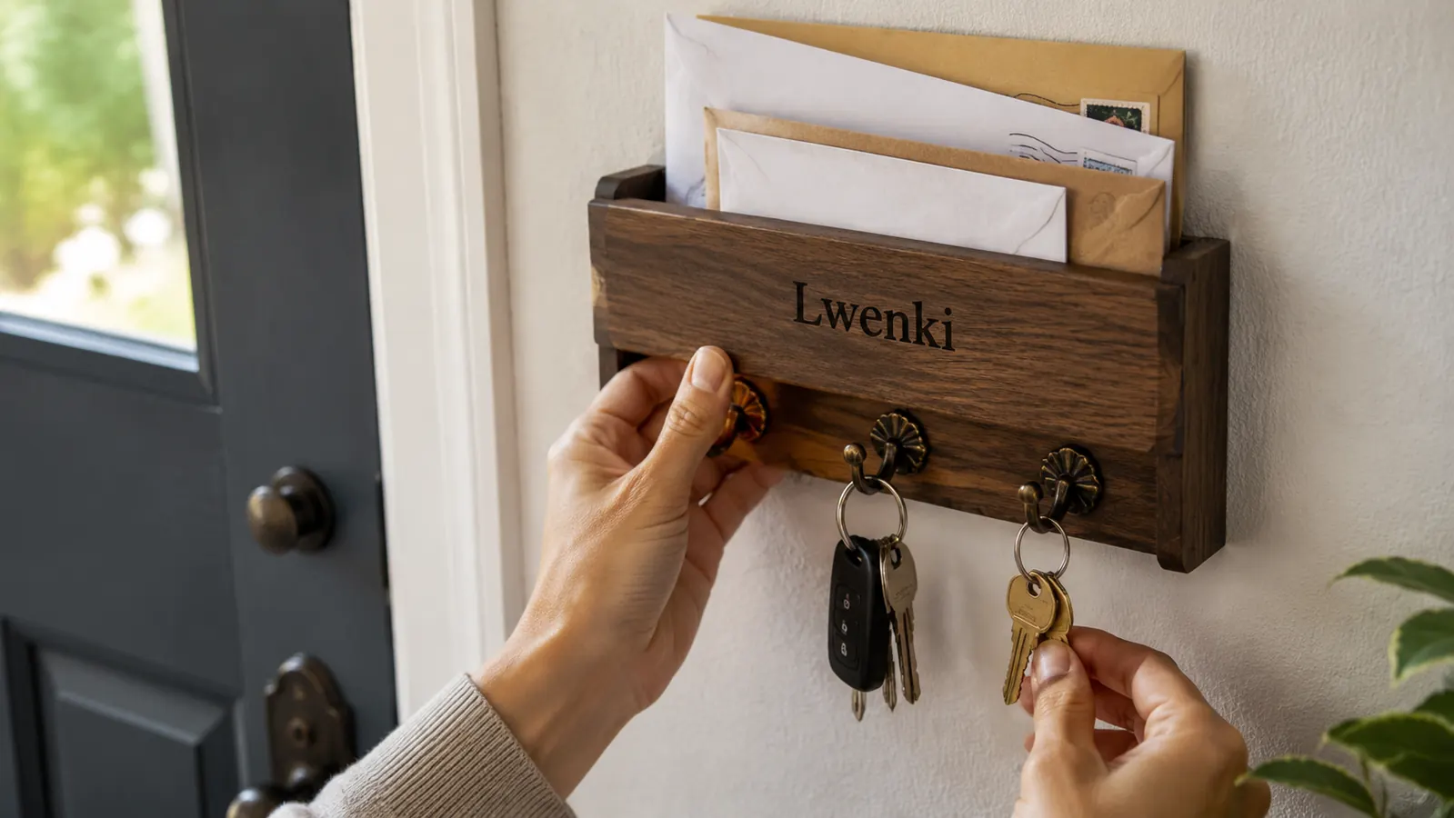 Lwenki key and mail holder mounted on a wall showing keys on hooks and mail in the organizer shelf