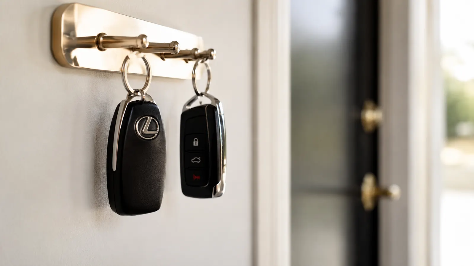 Close-up of keys hanging on wall hooks next to a front door with shoes neatly on a small mat below