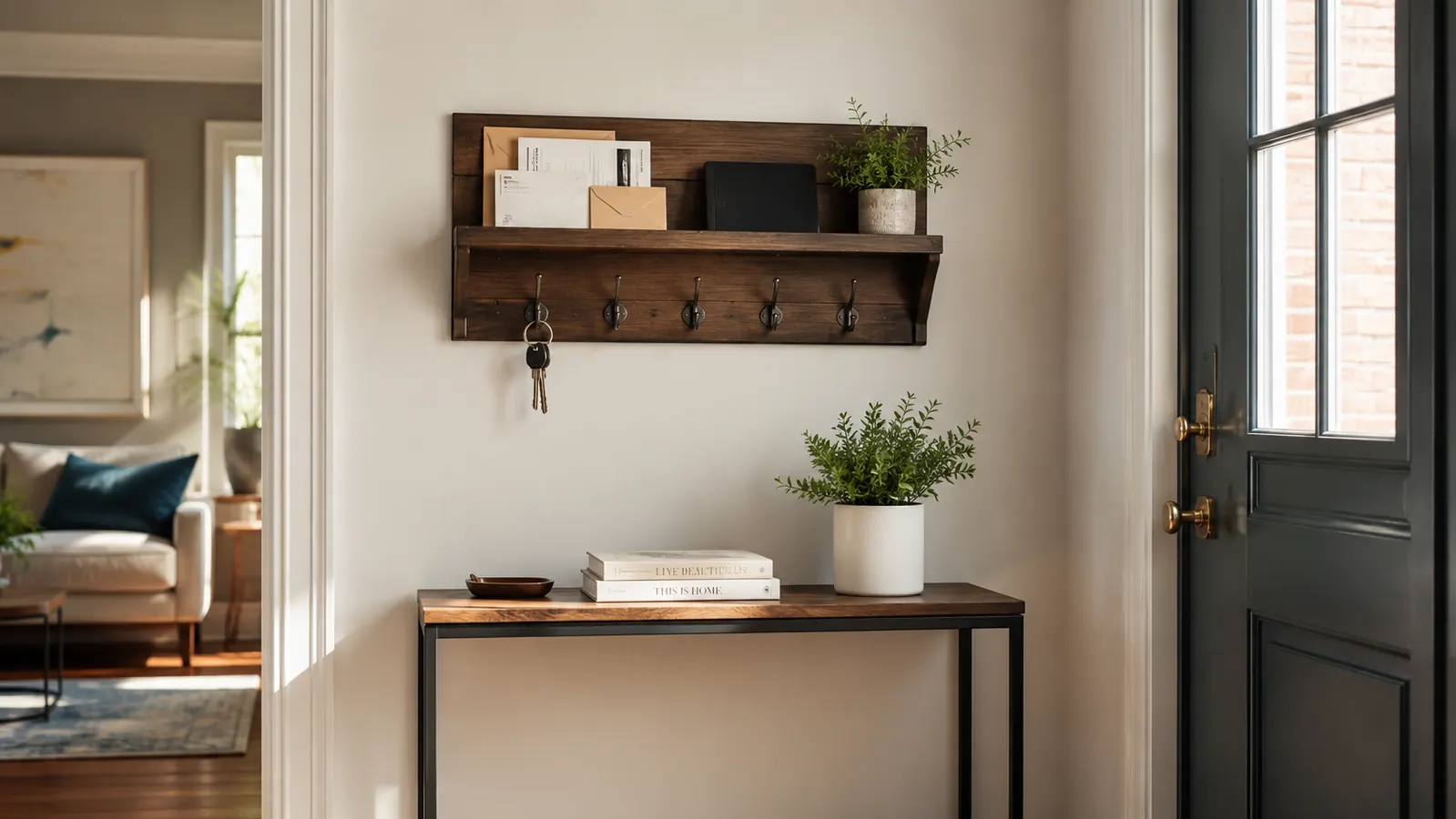 Calm entryway corner with wall organizer, a small plant on a shelf, and no clutter on the floor