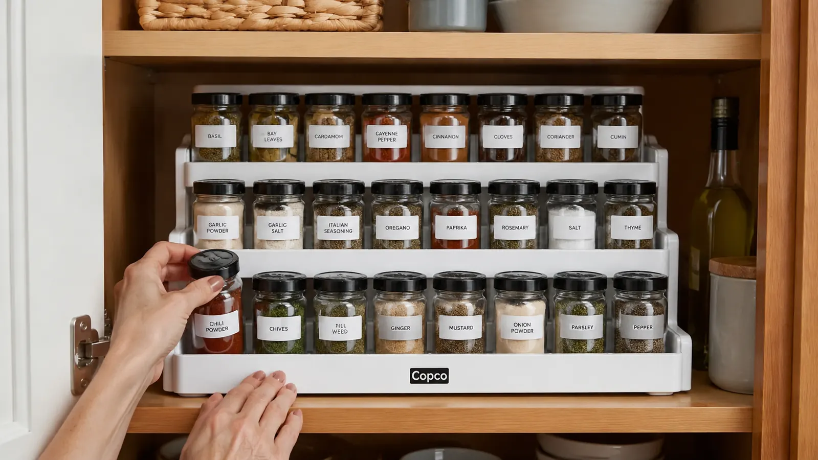 Copco spice rack viewed from the front inside a pantry cabinet showing all three tiers fully loaded with uniform small spice jars