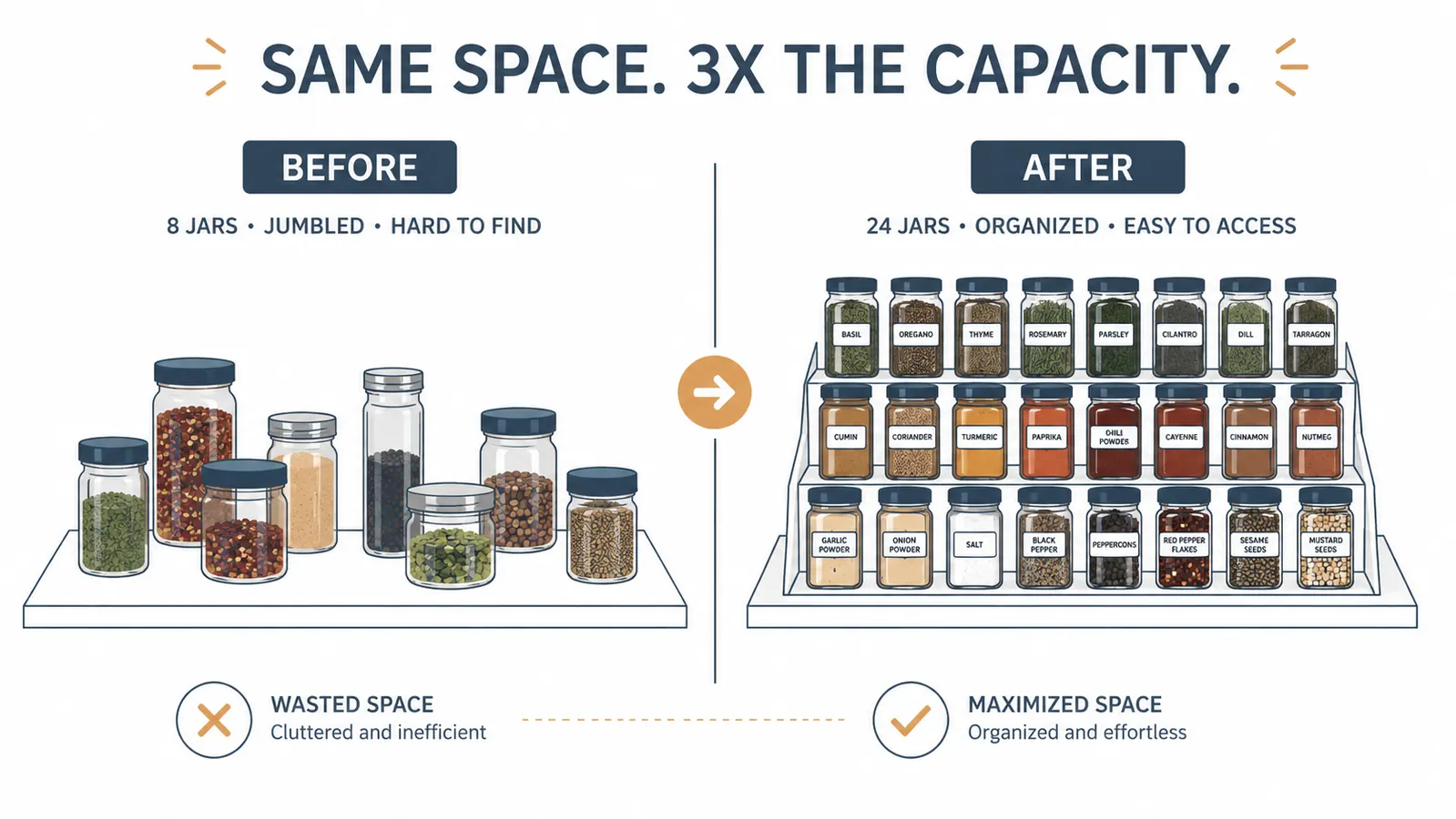 Before and after comparison chart showing pantry shelf capacity with and without a tiered spice rack