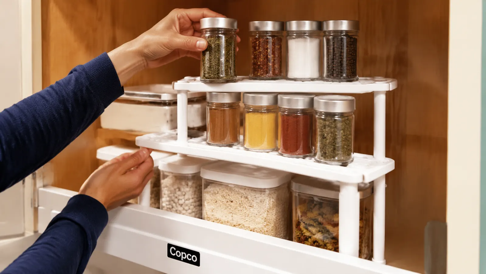 Hand placing a spice jar onto the second tier of a Copco 3-tier shelf riser inside a cabinet