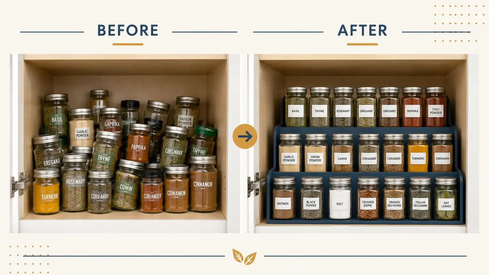 Before-and-after comparison: cluttered cabinet shelf with spice jars piled randomly on the left, same shelf with tiered rack and organized jars on the right