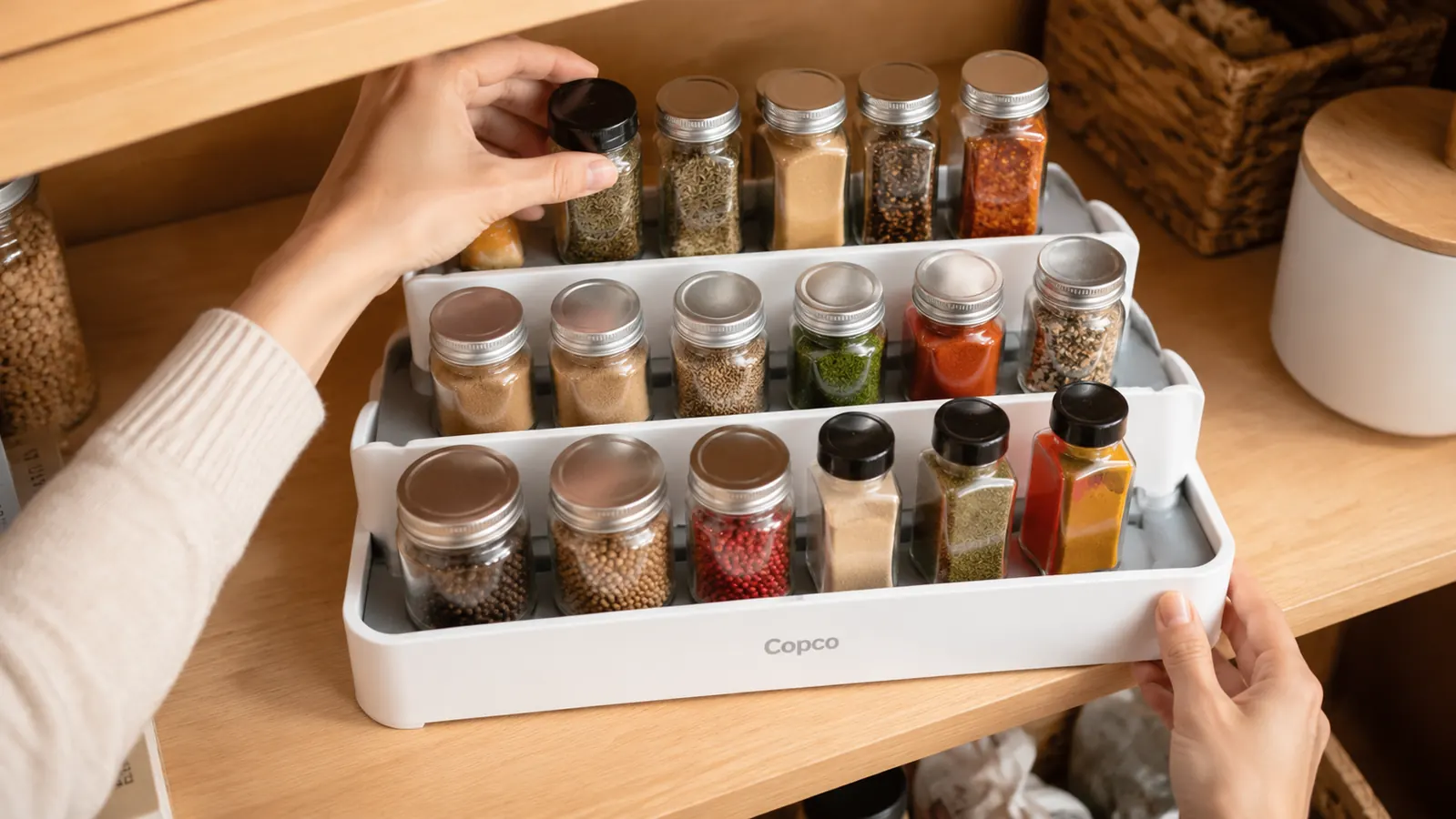 Copco 3-tier spice rack organizer sitting on a pantry shelf with spice jars visible on all three levels