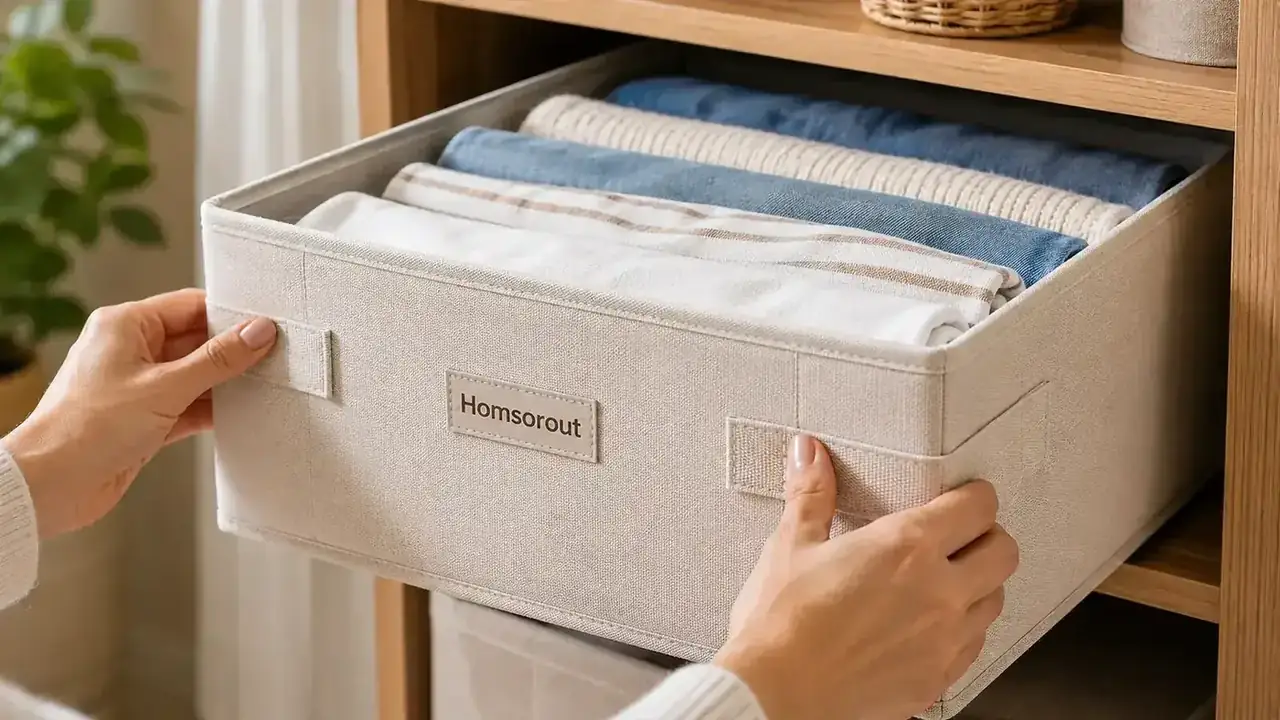 Homsorout closet bin being lifted from a closet shelf by its handles, showing folded t-shirts inside