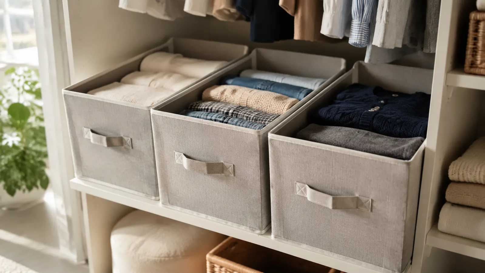 Organized closet shelf with Homsorout bins holding folded clothes, each bin pulled slightly forward for easy access