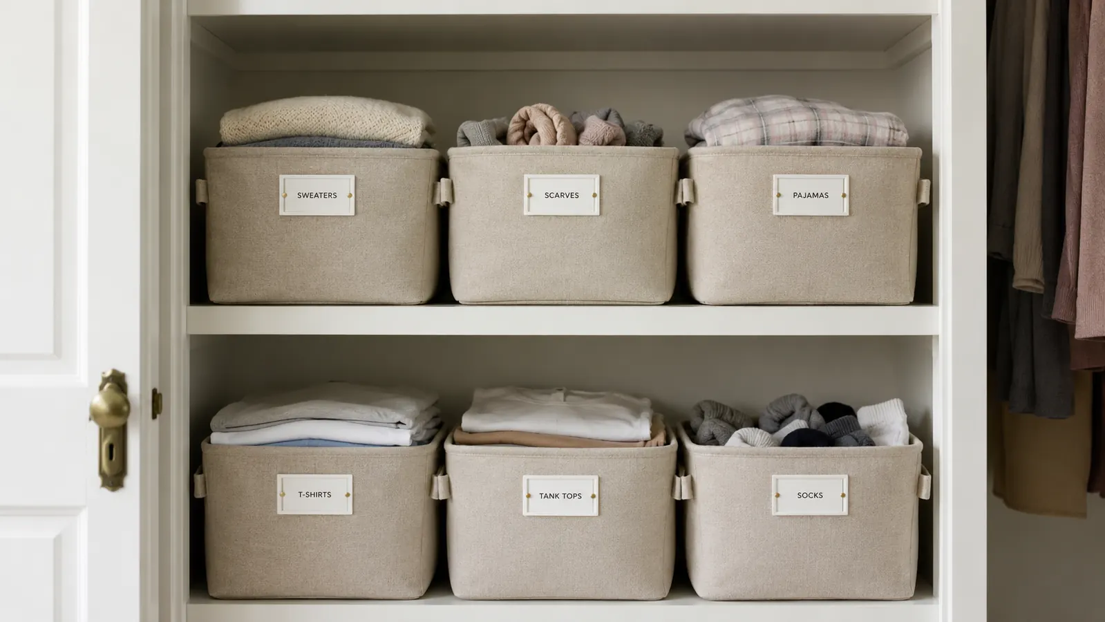 Six fabric storage bins arranged on two closet shelves organized by category with small labels visible