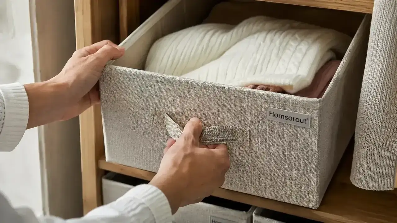 Close-up of a fabric bin handle being gripped while pulling the bin forward off a closet shelf