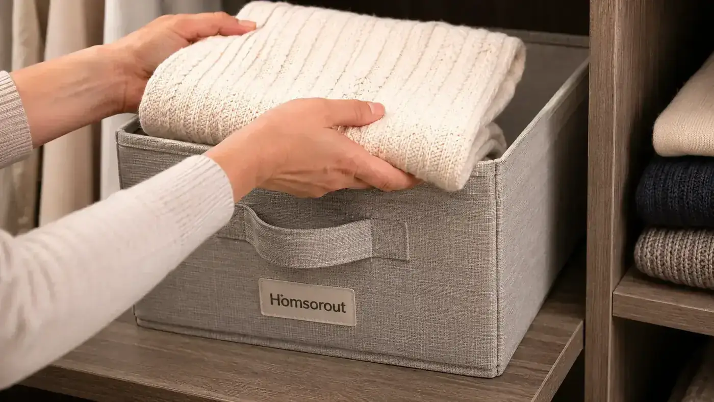 Hands placing a neatly folded sweater into an open-top fabric storage bin on a closet shelf