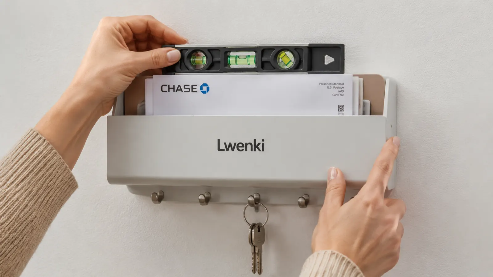 Hand pressing a Lwenki wall key holder flat against a painted drywall surface while holding a level