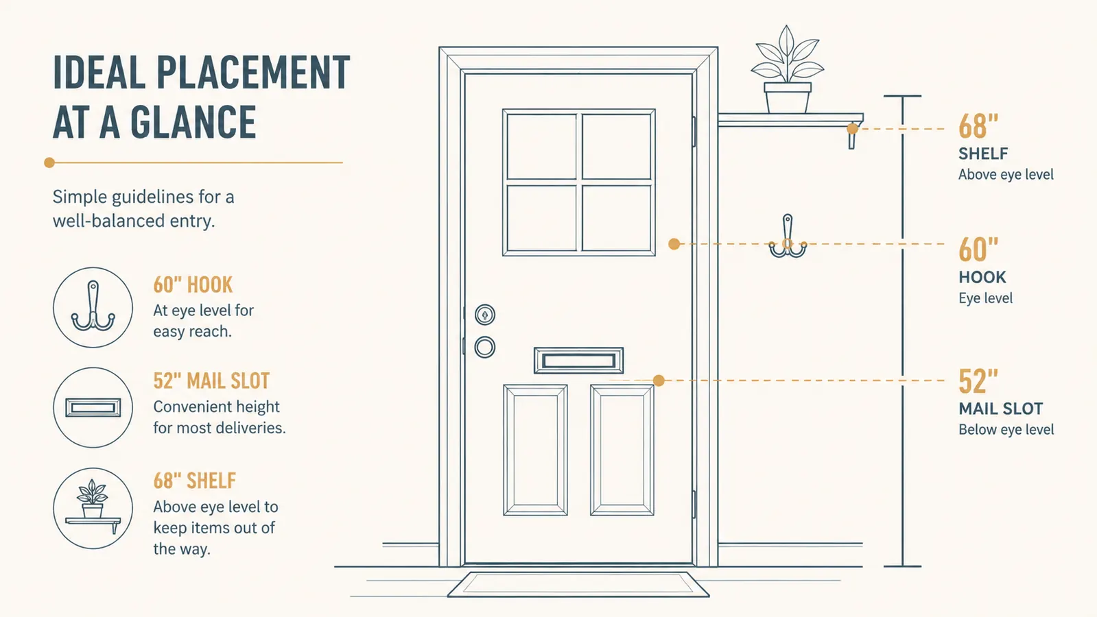 Diagram showing ideal heights for mounting a wall key holder, mail slot, and hook strip beside a front door