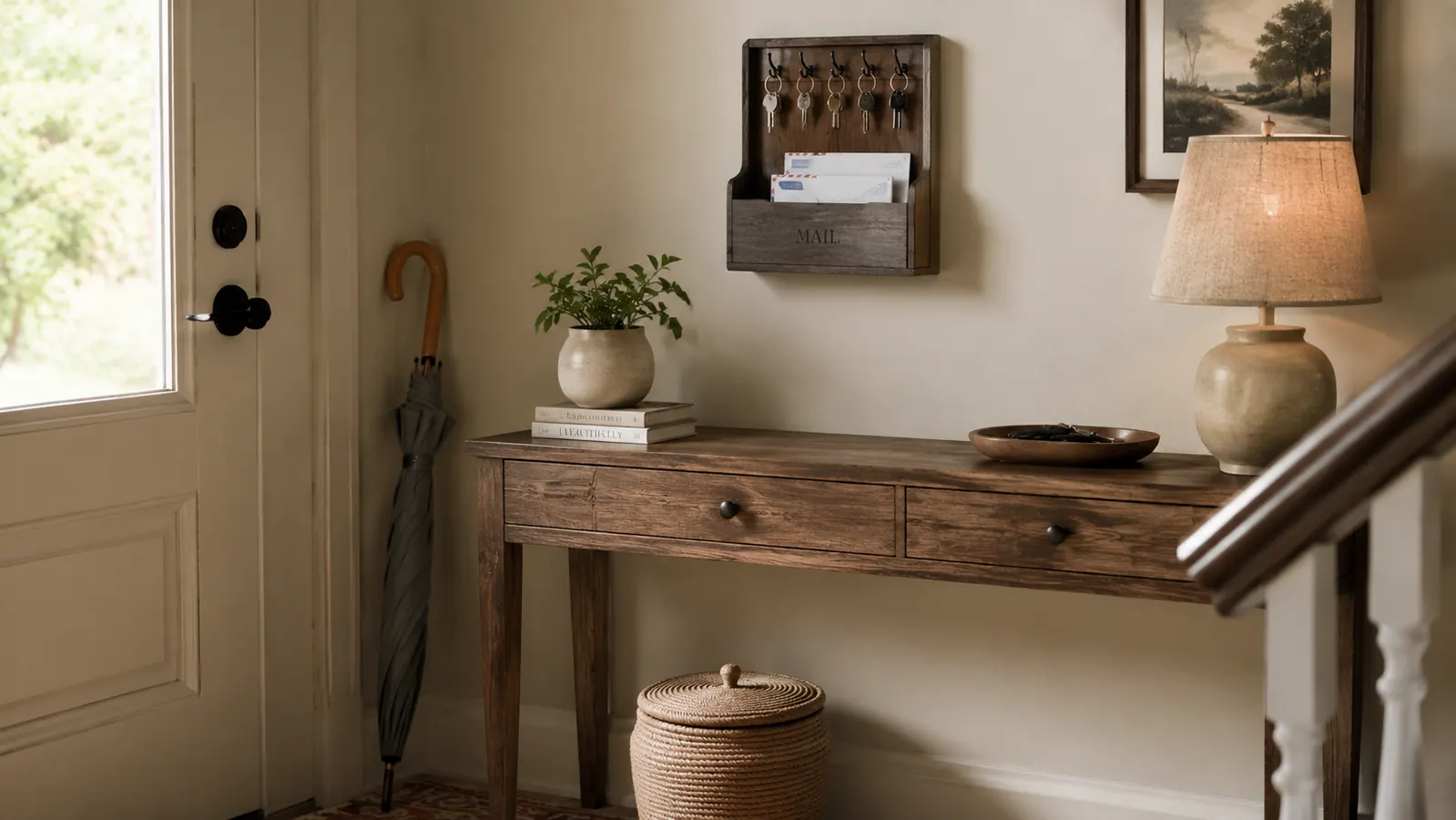 Organized entryway command center: wall key holder with keys on hooks, mail sorted in slot, small basket on the floor for shoes, umbrella in corner