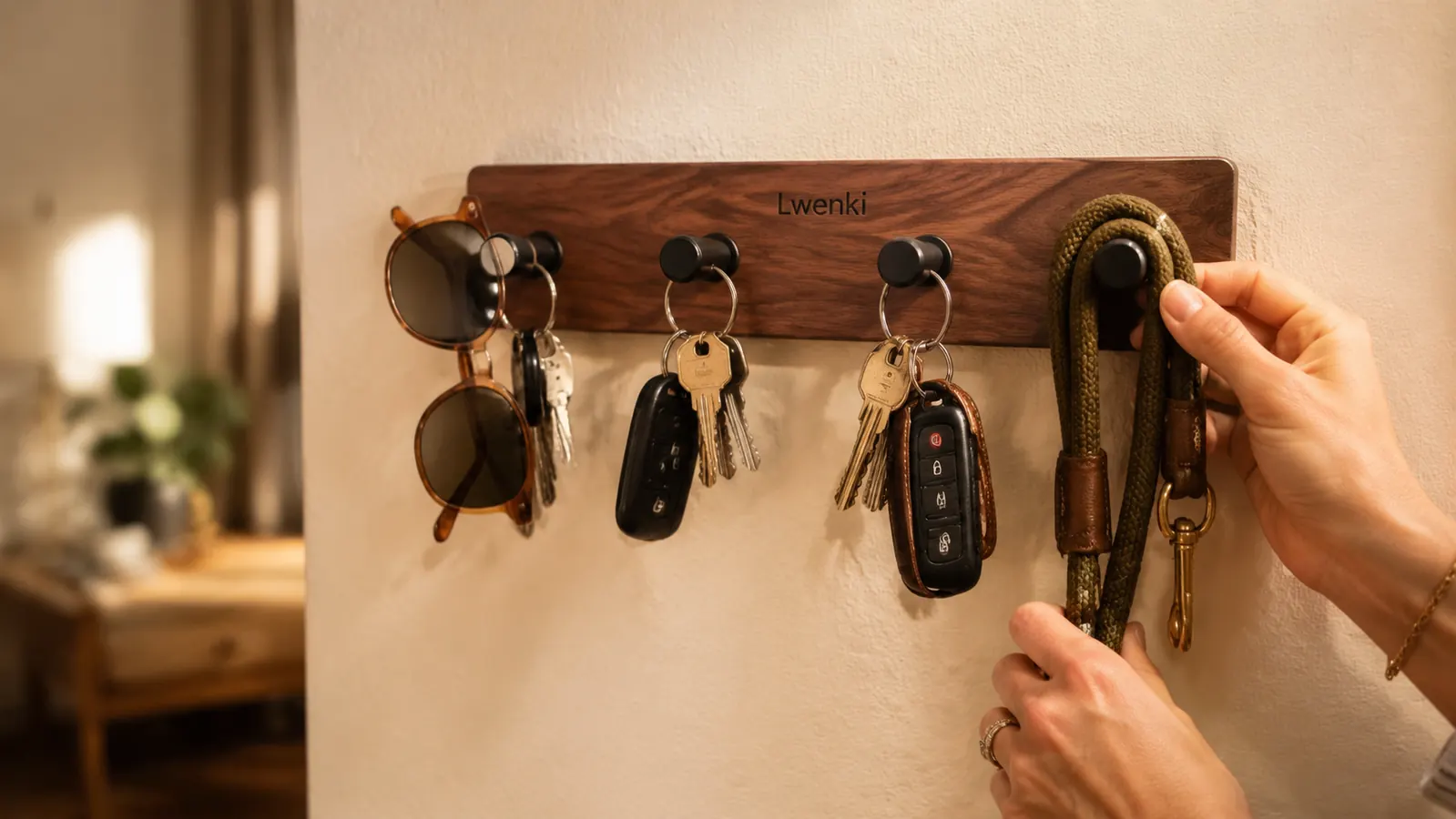 Close-up of Lwenki key holder hooks loaded with keychains, sunglasses, and a dog leash