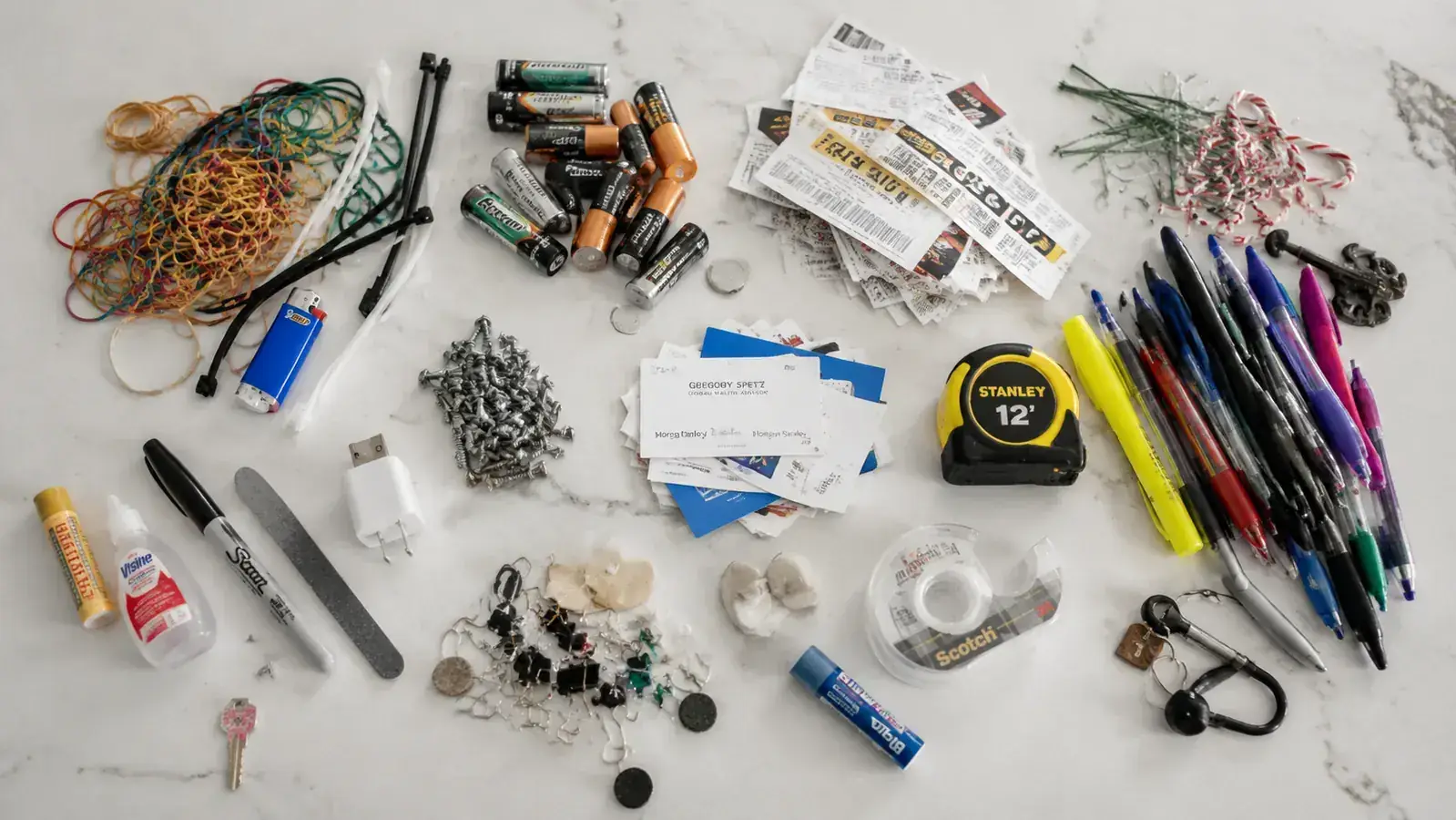 Junk drawer contents spread out on a kitchen counter ready to be sorted and purged before organizing