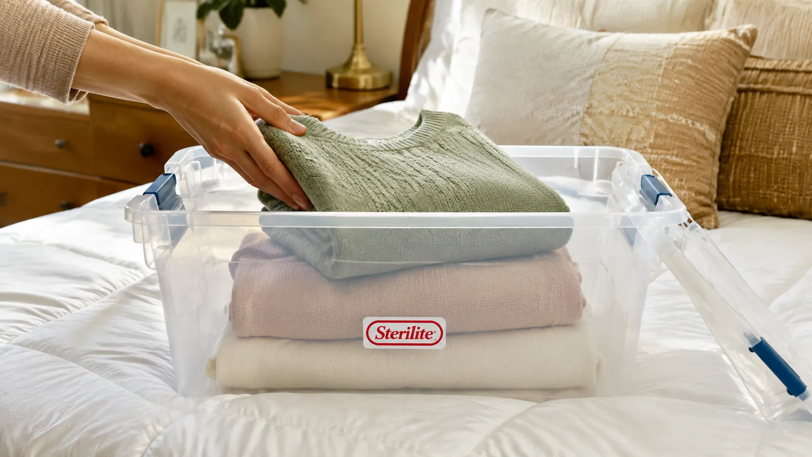 Sterilite latching storage bin open on a bed with neatly folded sweaters being placed inside