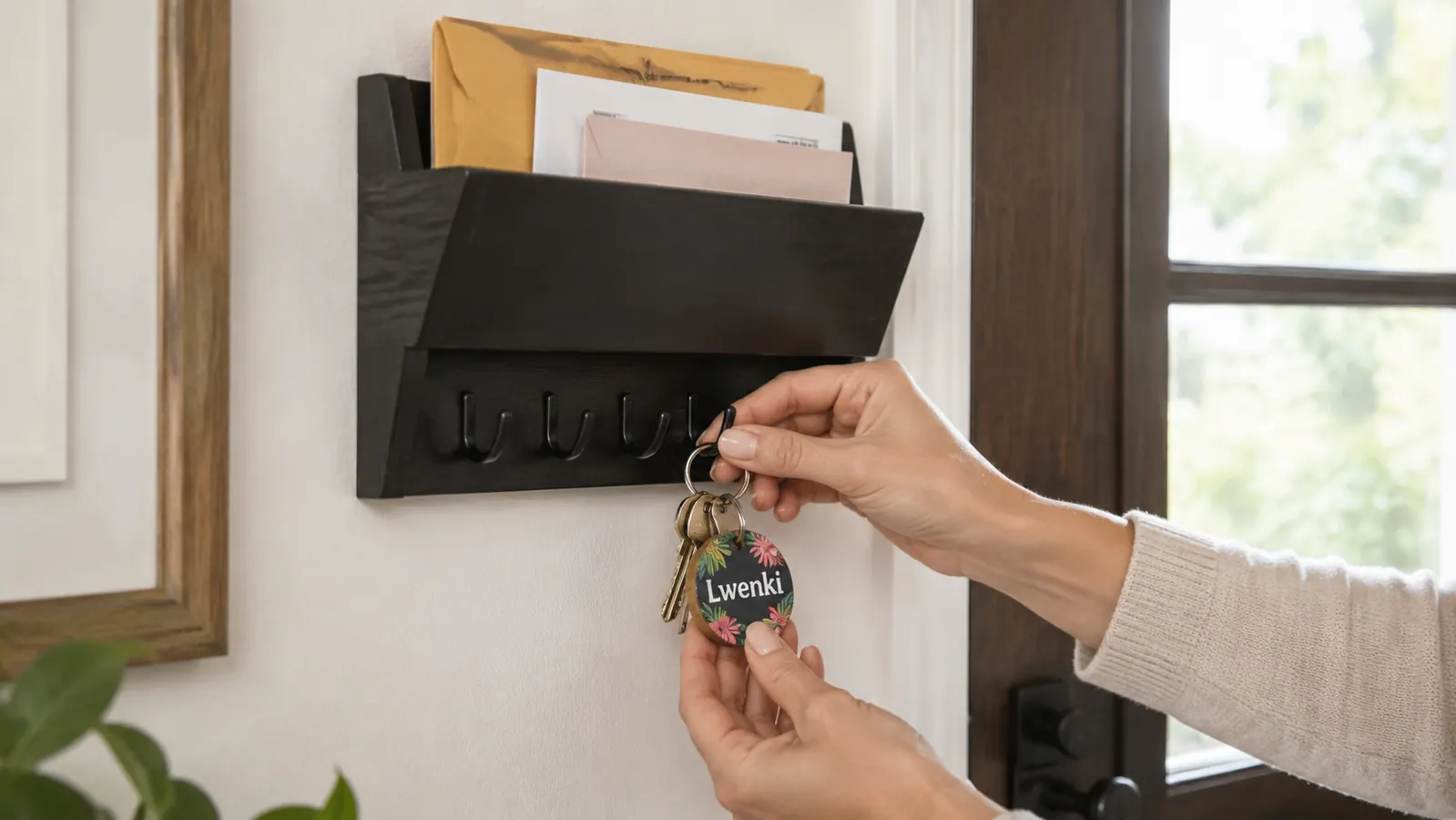Woman hanging house keys on one of the Lwenki key holder hooks after coming through the front door
