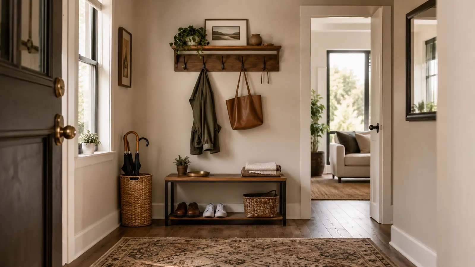 Calm entryway with hooks, shelf, and a bench showing a complete organized landing zone