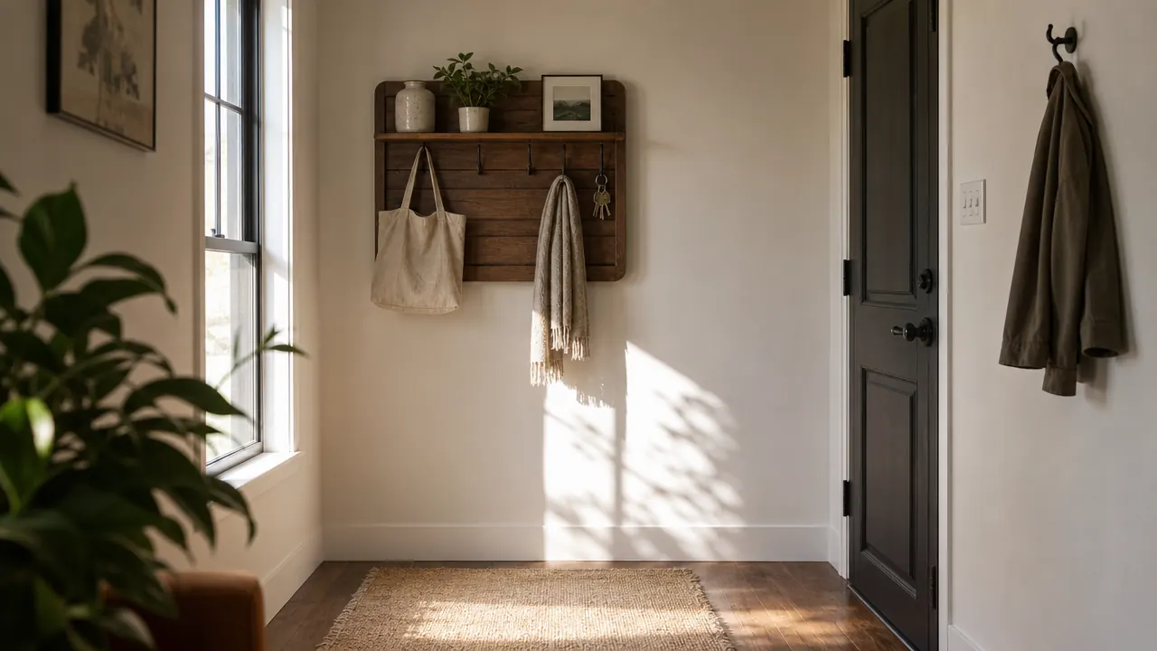 A calm, organized apartment entryway with morning light, showing a wall key holder, a small rug, and a coat hook
