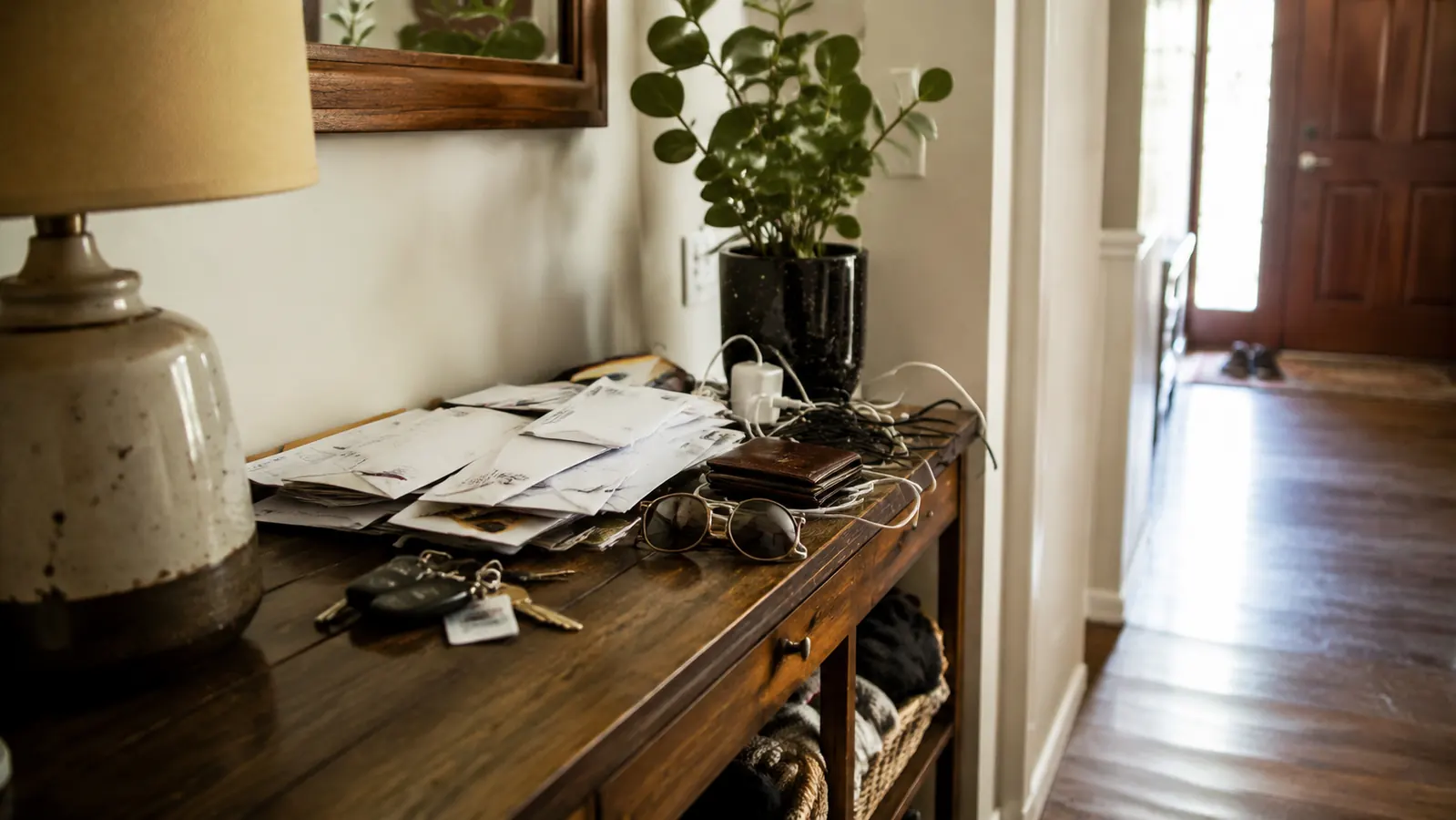 Small apartment entryway with calm organized wall unit versus cluttered counter with loose keys and mail