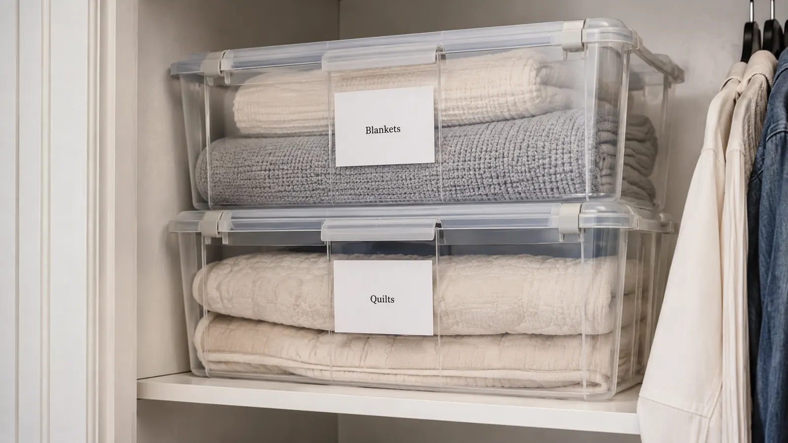 Two clear under-bed storage bins stacked on top of each other in a closet