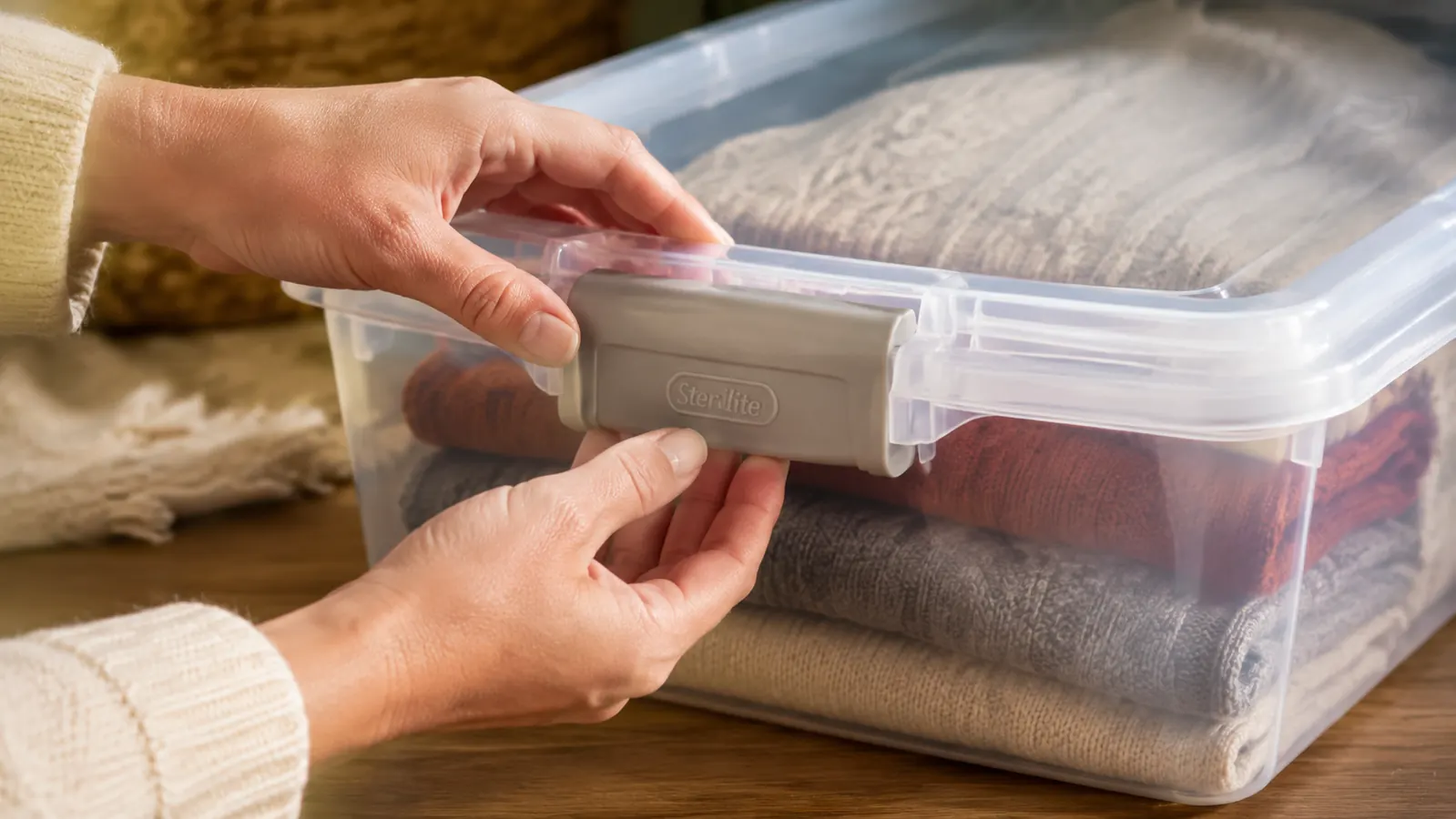 Hands pressing down the side latch on a clear Sterilite under-bed storage box filled with folded sweaters