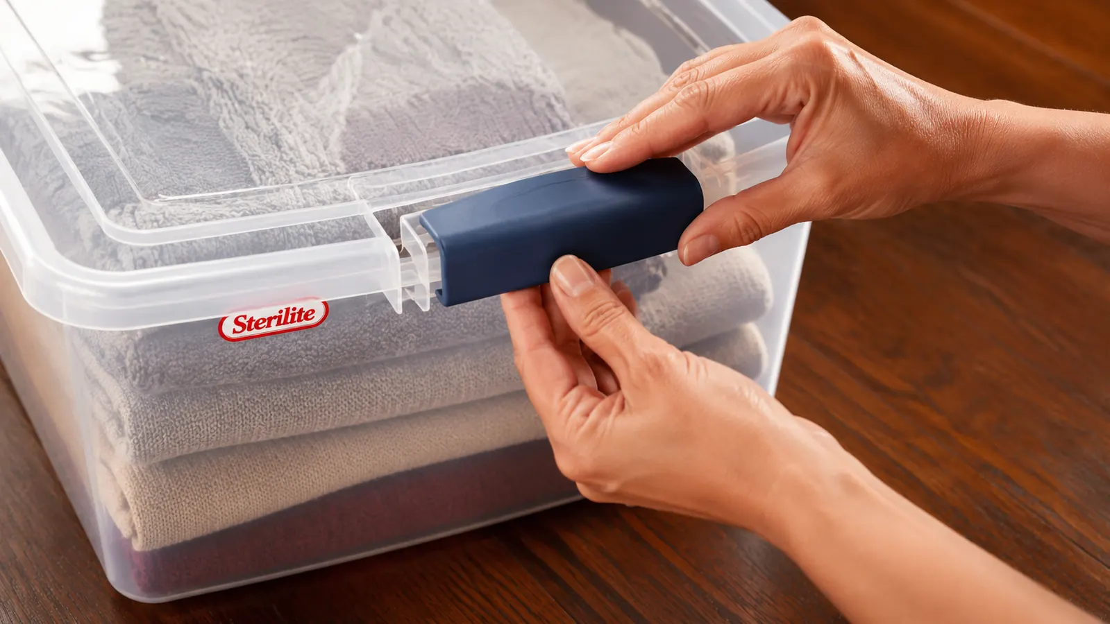 Hands pressing down the latching lid on a Sterilite under-bed storage bin filled with neatly folded sweaters