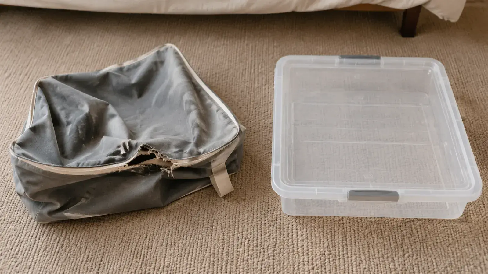 A zippered fabric under-bed storage bag slumped and partially collapsed on the floor next to a neat stack of flat Sterilite bins