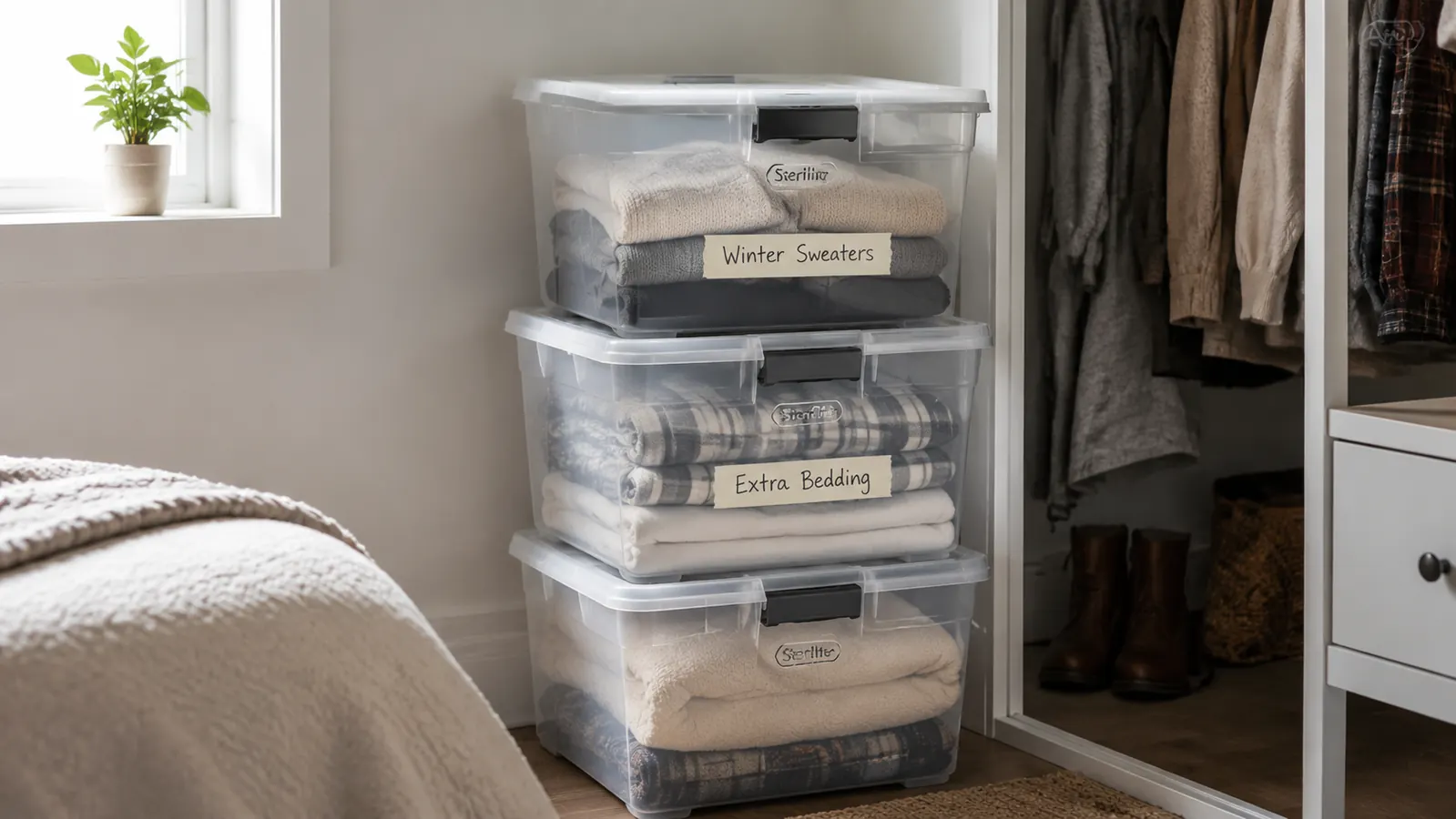 Multiple Sterilite under-bed storage bins stacked in a closet corner, labeled with tape for seasonal clothes sorting