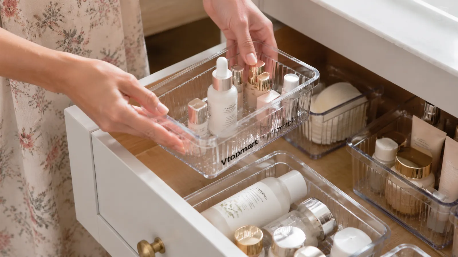 Hand placing a small clear plastic organizer bin into a bathroom vanity drawer alongside makeup and skincare items