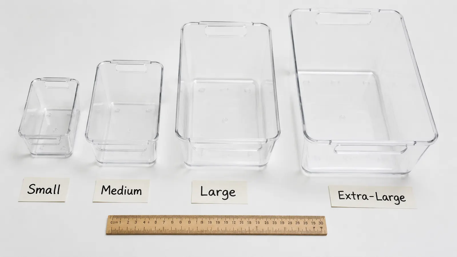Four sizes of clear plastic drawer organizer bins laid out side by side on a white surface with a ruler showing dimensions