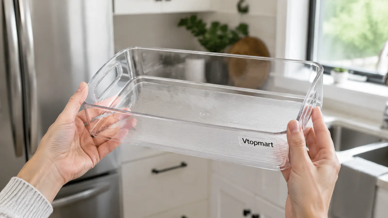 Vtopmart clear plastic drawer organizer tray held in hand showing transparent walls and smooth base