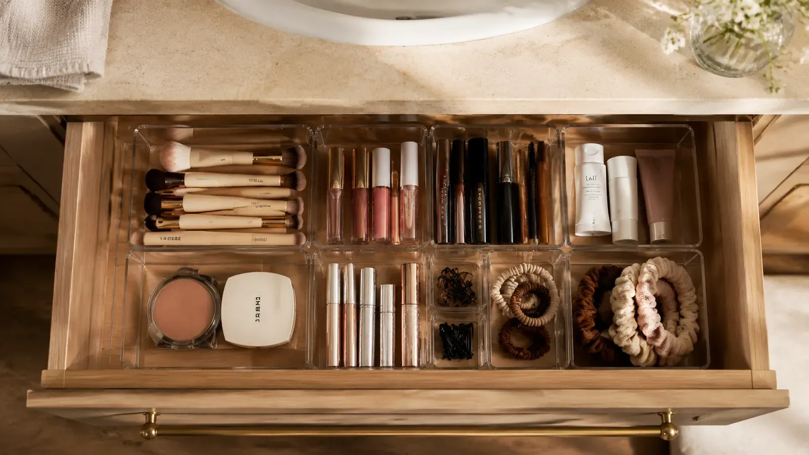 Bathroom vanity drawer neatly organized with clear plastic trays holding makeup brushes, lip gloss, and hair ties
